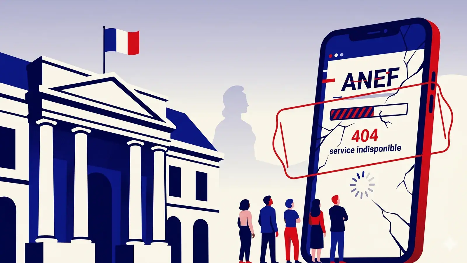 Plateforme ANEF en panne (404 service indisponible) face au Conseil d'État, illustration de la décision n° 502860 du 5 mai 2026 ordonnant à l'État de corriger les dysfonctionnements pour les titres de séjour et la naturalisation