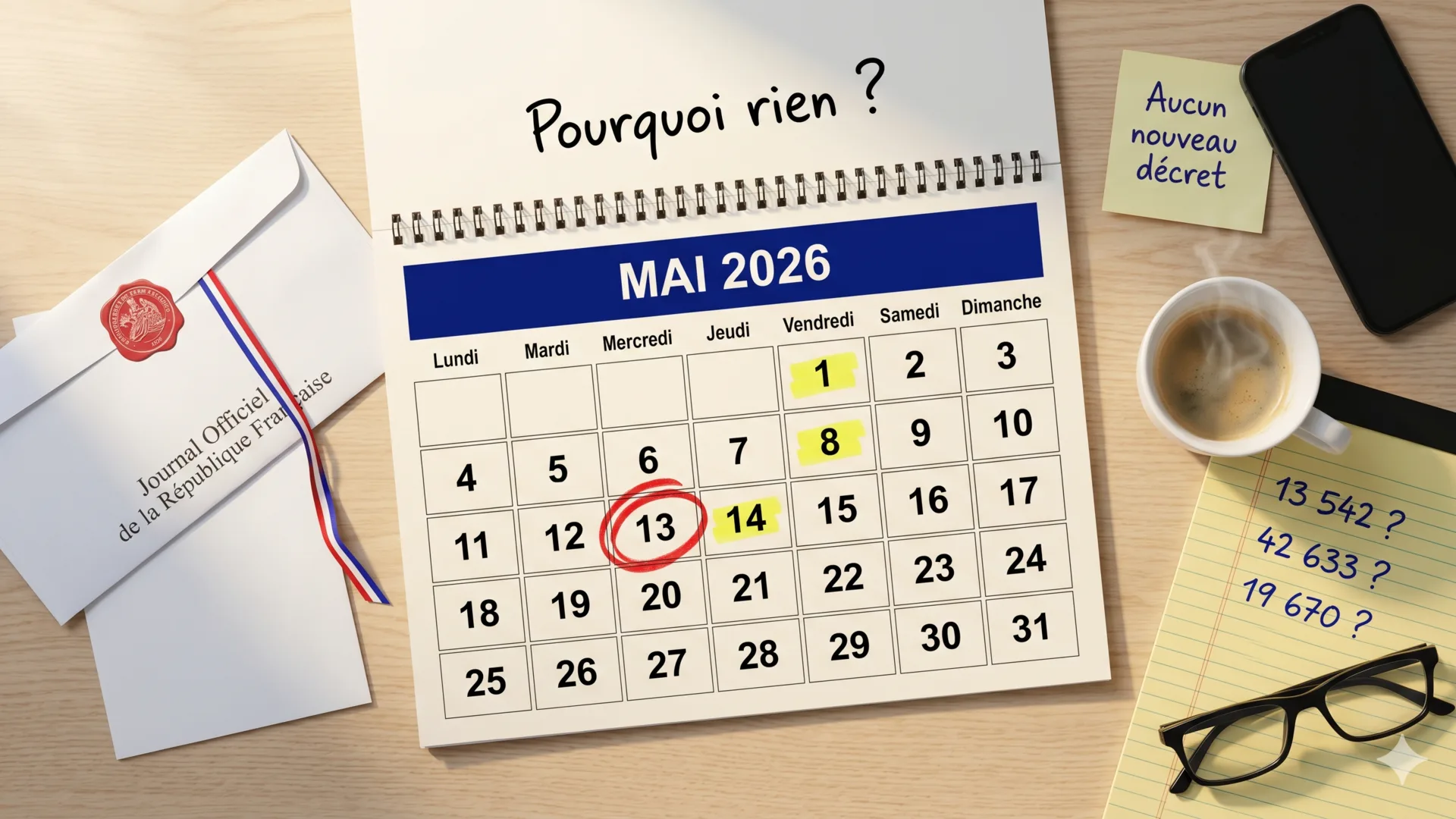 Calendrier de mai 2026 cerclé au 13 mai en rouge avec post-it « Aucun nouveau décret », illustration de l'attente du prochain décret de naturalisation