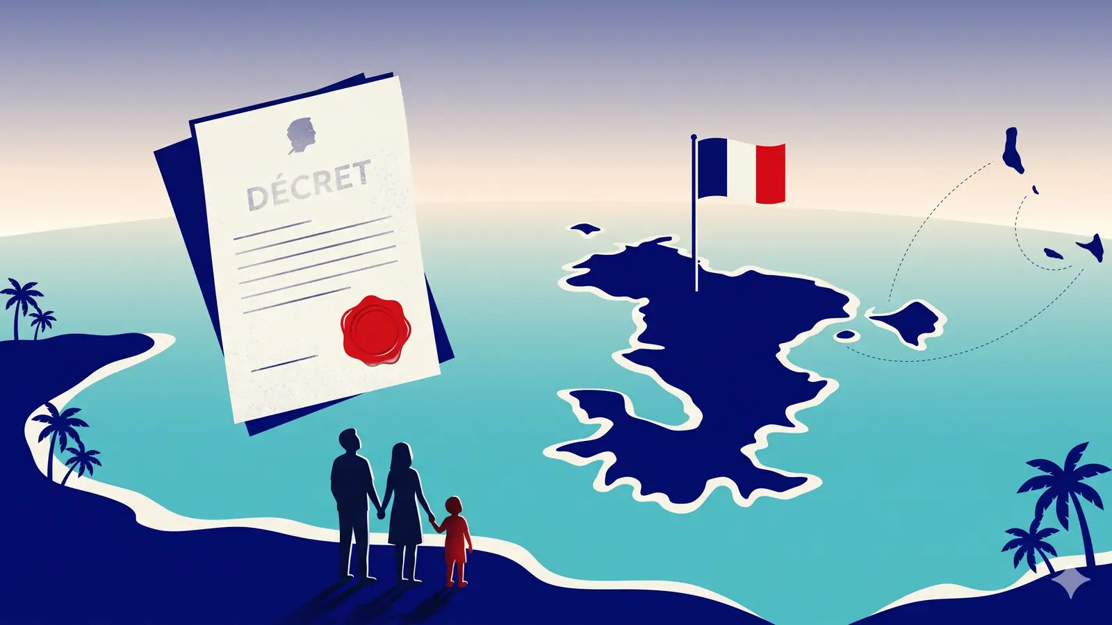 Île de Mayotte (101e département français) avec drapeau tricolore, silhouette de famille au premier plan et décret officiel avec sceau rouge, illustration du durcissement du droit du sol entré en vigueur le 6 mai 2026