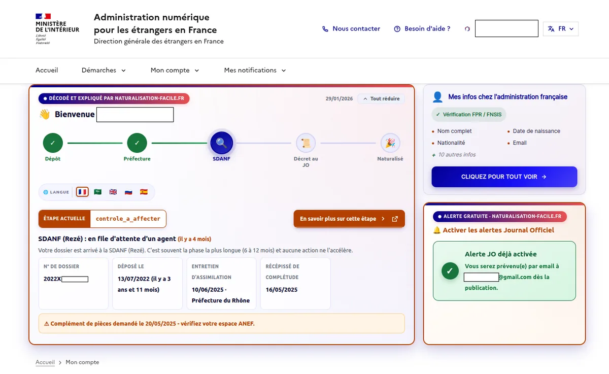 Exemple de carte de suivi affichée par l'extension Décodeur ANEF sur le nouveau site ANEF (informations personnelles masquées)