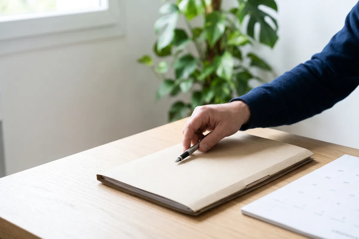 Un dossier administratif fermé et un stylo posé dessus, à côté d'un calendrier : l'attente pendant un ajournement
