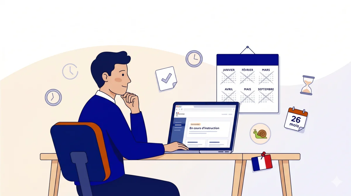 Personne attendant calmement devant son ordinateur, calendrier marquant des mois ecoules