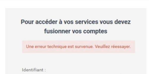 Capture d'ecran ANEF : « Une erreur technique est survenue. Veuillez reessayer. » sur l'ecran de fusion de comptes