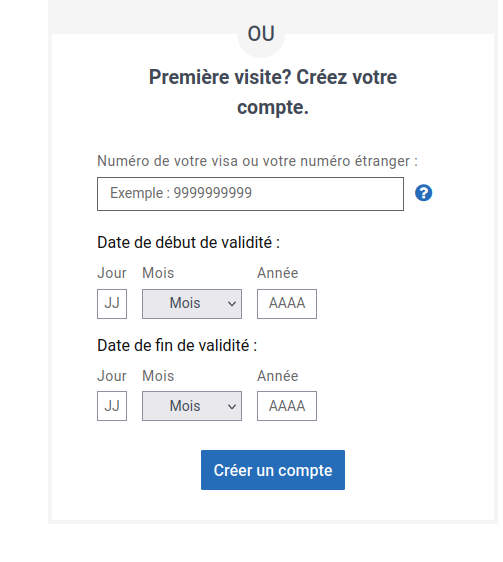 Écran de création de compte ANEF : numéro de visa ou numéro étranger, dates de validité, bouton Créer un compte