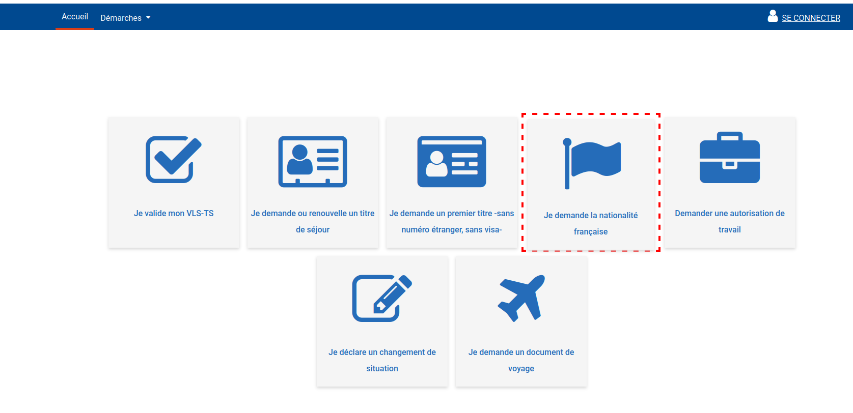 Tableau de bord ANEF avec les démarches : nationalité française, titre de séjour, autorisation de travail, document de voyage