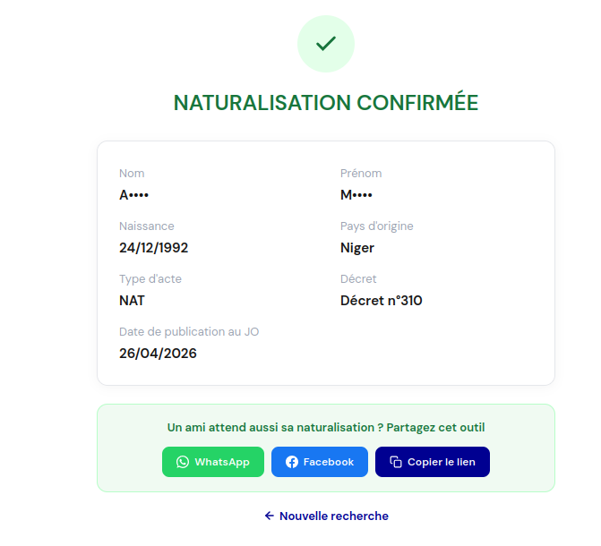 Page résultat naturalisation-facile.fr : Naturalisation confirmée avec date de publication, numéro de décret et type d'acte.