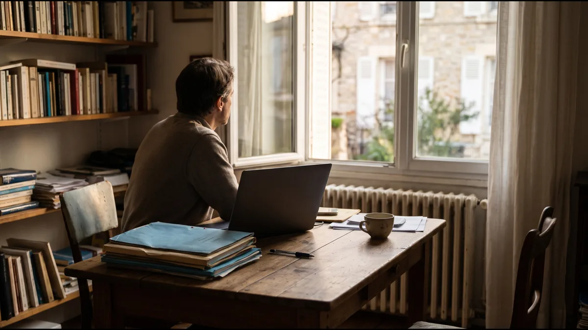 Personne de dos à une table, devant un ordinateur portable et une pile de dossiers, attendant des nouvelles de sa demande