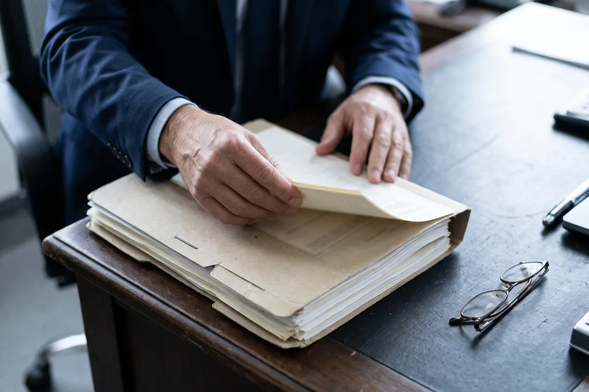 Les mains d'un homme tournent la page d'un épais dossier administratif : la préfecture lit le casier et le passé pénal