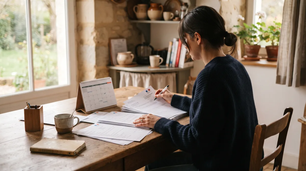 Une personne trie ses contrats de travail et ses fiches de paie sur une table de cuisine pour préparer son dossier de naturalisation