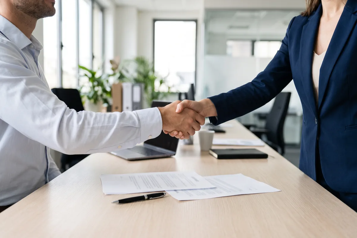Une poignée de main au-dessus d'un contrat de travail dans un bureau : un CDI récent, et la question de sa stabilité