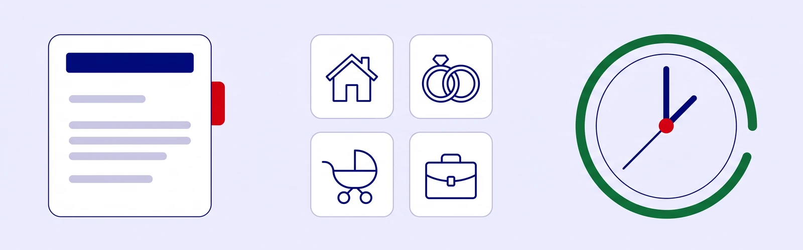 Changement de situation pendant une demande de naturalisation : dossier ANEF avec quatre pictogrammes (déménagement, mariage, naissance, emploi) et une horloge entourée d'un anneau de progression vert qui poursuit sa course sans revenir à son point de départ