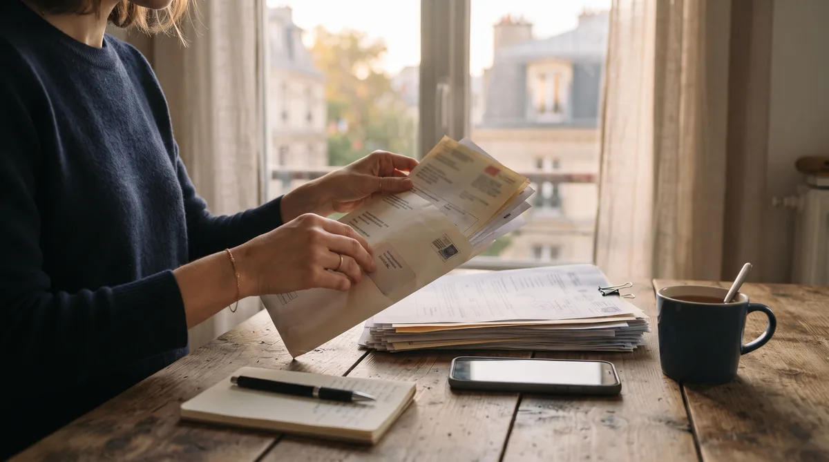 Une personne relit un courrier de la préfecture et prépare les pièces demandées pour son dossier de naturalisation