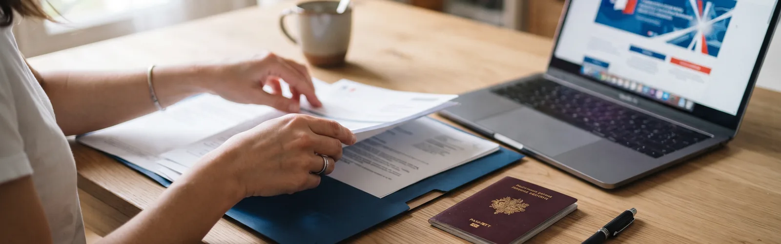 Des documents administratifs classés dans une chemise, un passeport et un ordinateur ouvert sur une page de démarche en ligne