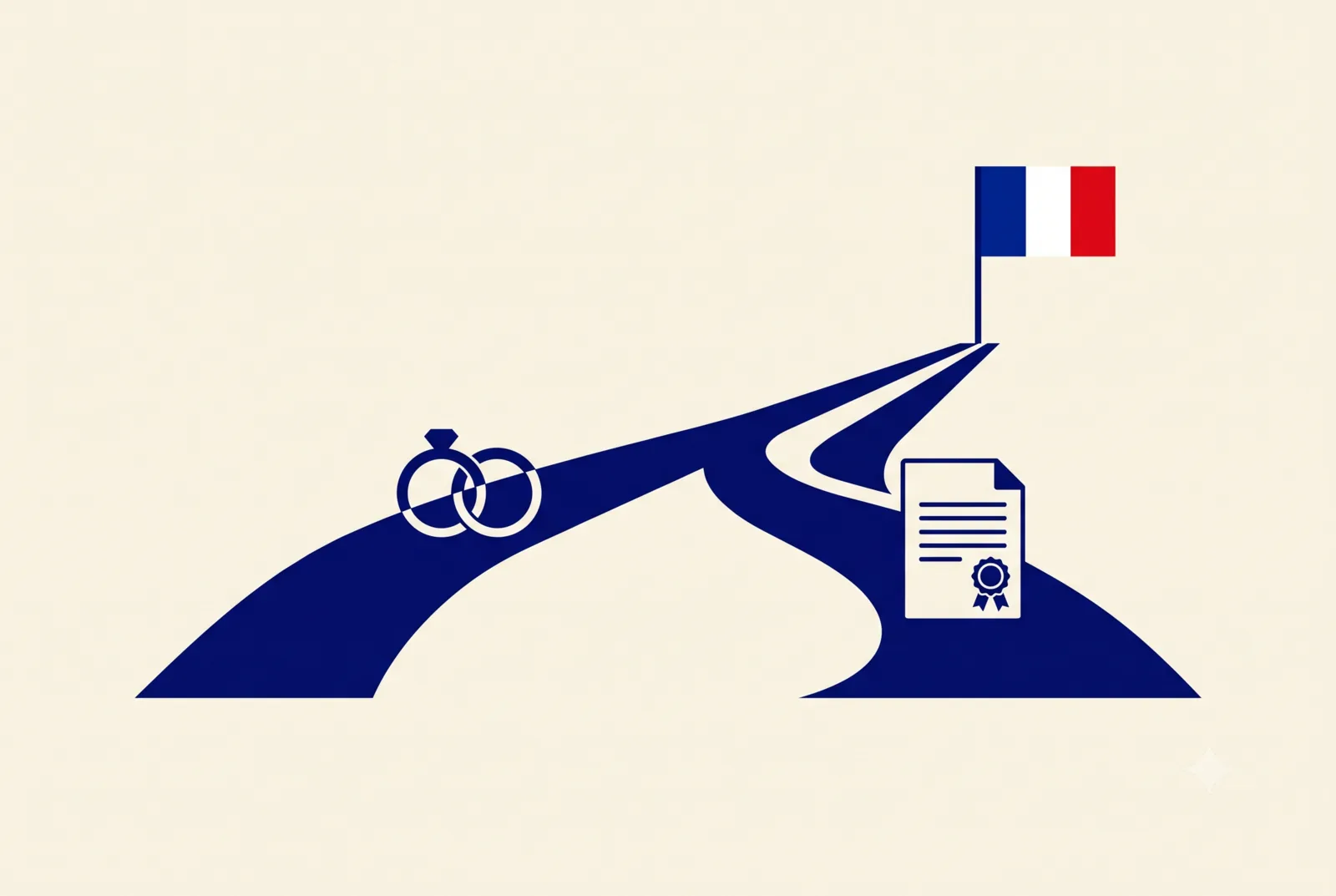 Deux chemins vers la nationalité française : le mariage (alliances) et le décret (document officiel scellé), convergeant vers le drapeau français