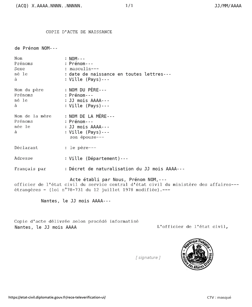 Copie intégrale d'acte de naissance délivrée par le Service central d'état civil, avec la mention Français par décret de naturalisation, toutes les données personnelles remplacées par des mentions génériques