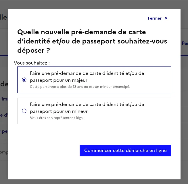 Fenêtre demandant si la pré-demande concerne un majeur ou un mineur
