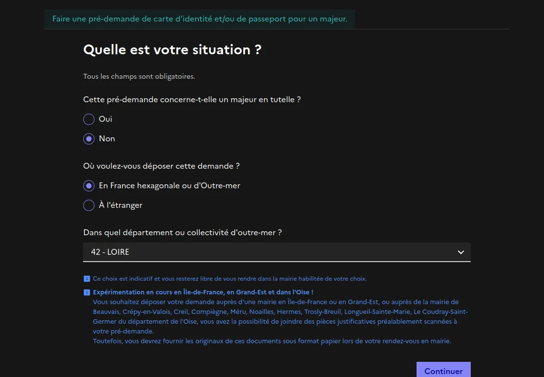 Écran de situation demandant si la personne est en tutelle, où déposer la demande, et dans quel département