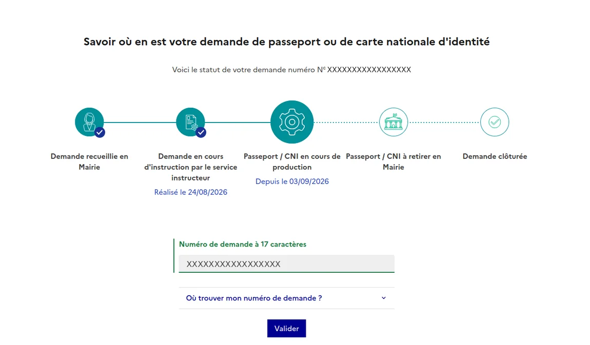 Frise de suivi de la demande de passeport et de carte nationale d'identité, avec les étapes recueillie en mairie, en cours d'instruction, en cours de production, à retirer en mairie et demande clôturée