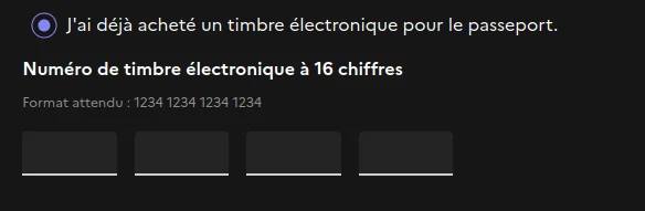 Champs de saisie d'un numéro de timbre électronique à seize chiffres