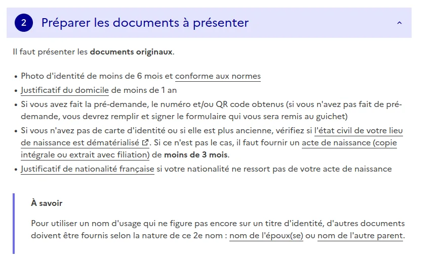 Liste officielle des documents à présenter : photo d'identité, justificatif de domicile, numéro de pré-demande, acte de naissance et justificatif de nationalité française