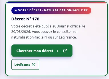 Encart affichant le numéro de décret et sa date de publication au Journal officiel, avec un lien vers Légifrance