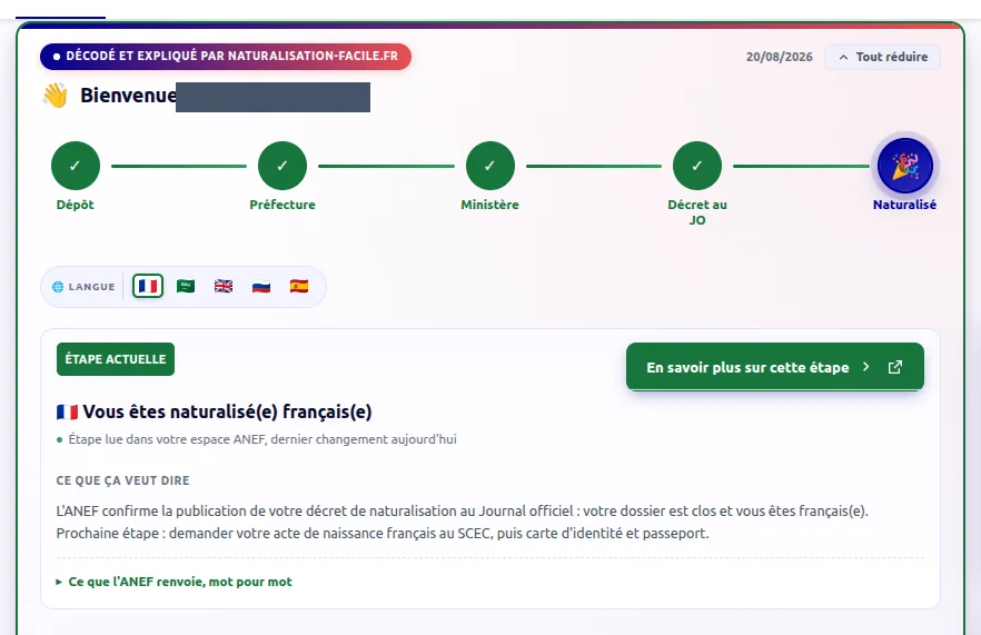 Carte de l'extension affichant une frise complète jusqu'à l'étape Naturalisé et le message vous êtes naturalisé français
