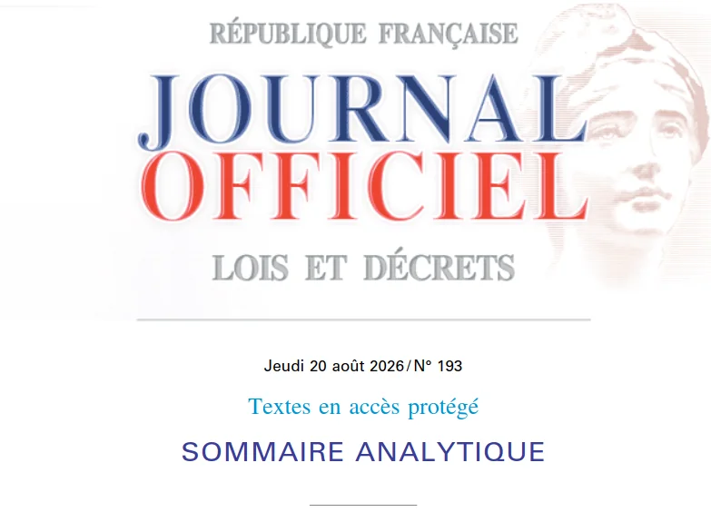 En-tête du Journal officiel de la République française, lois et décrets, du jeudi 20 août 2026, numéro 193