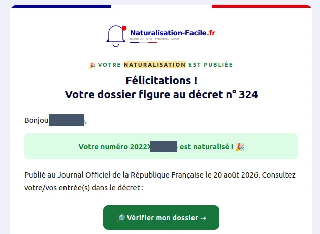 Email d'alerte annonçant que la naturalisation est publiée, avec le numéro du décret et un bouton pour vérifier son dossier