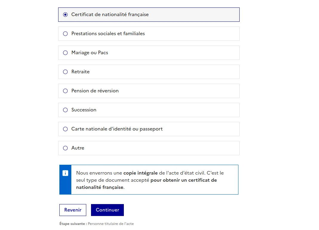 Liste des motifs de demande d'acte d'état civil avec certificat de nationalité française sélectionné, et l'indication qu'une copie intégrale sera envoyée