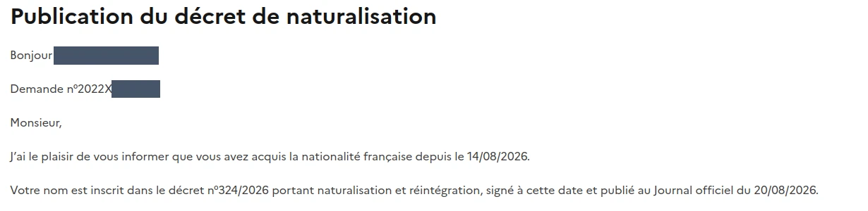 Extrait de la notification : vous avez acquis la nationalité française depuis le 14/08/2026, décret signé à cette date et publié au Journal officiel du 20/08/2026