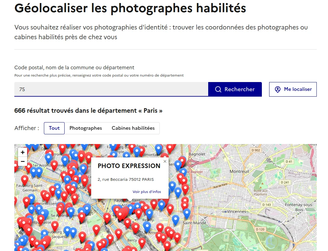 Carte de géolocalisation des photographes et cabines habilités pour les photos d'identité