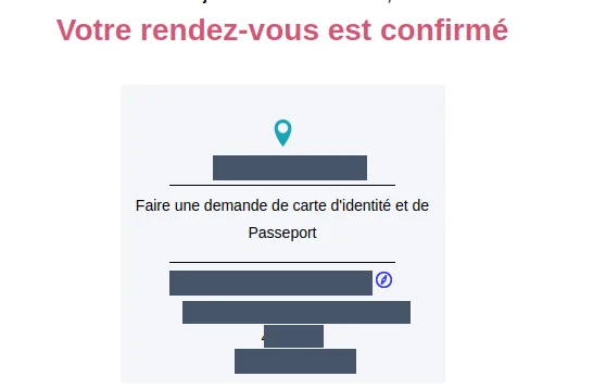 Courriel de confirmation de rendez-vous pour une demande de carte d'identité et de passeport