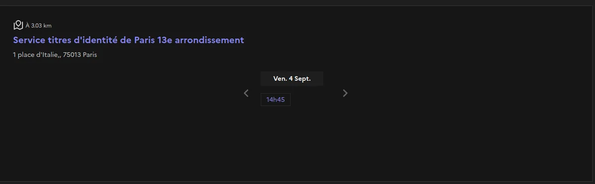 Résultat de recherche affichant un service de titres d'identité et un créneau horaire disponible
