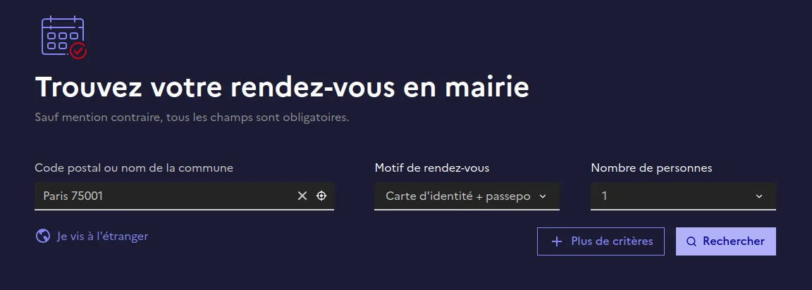 Formulaire de recherche de rendez-vous en mairie par code postal et motif