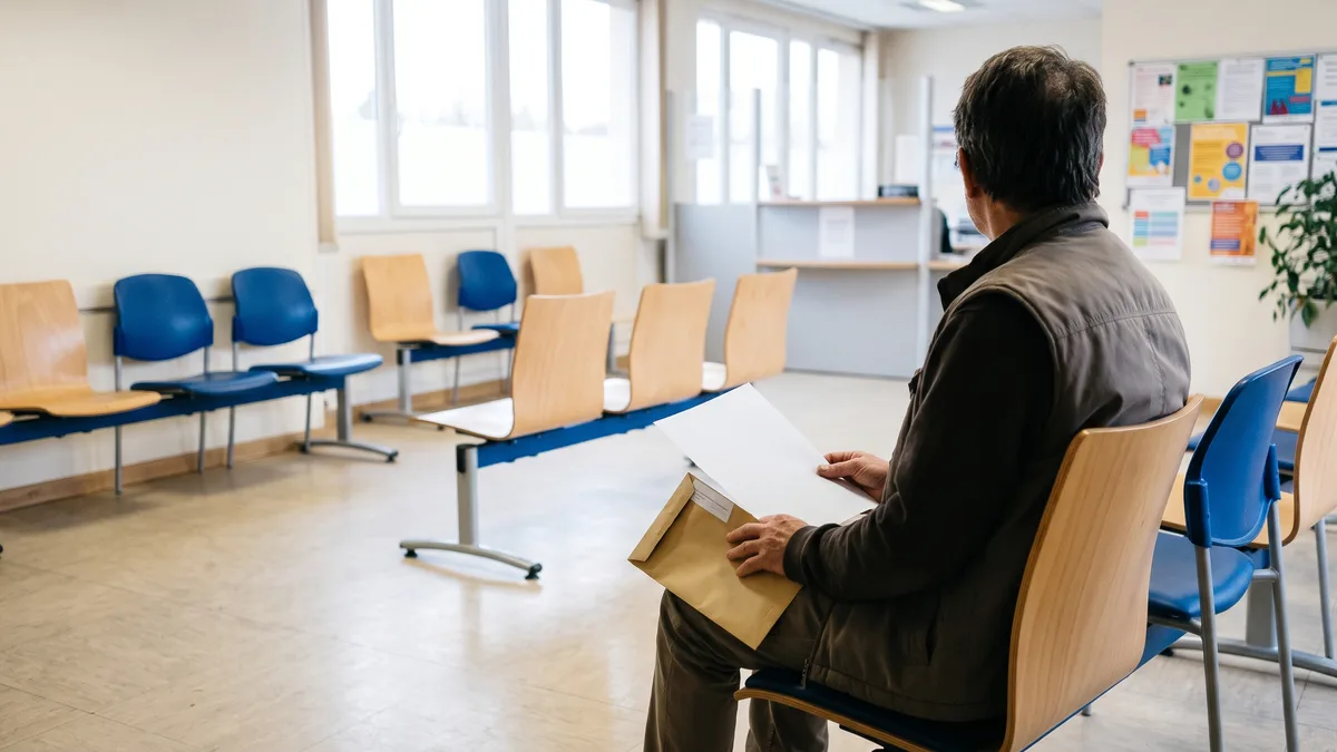 Candidat assis dans une salle d'attente de préfecture, une convocation à la main