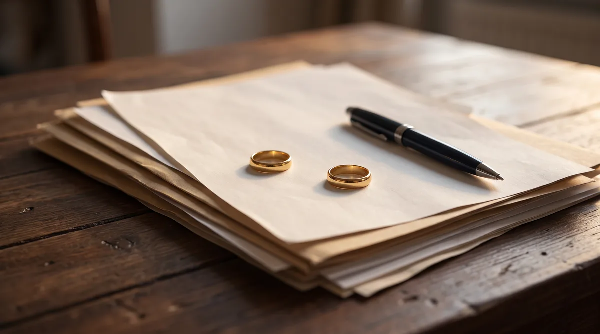 Deux alliances posées sur des documents officiels, symbole d'un divorce et de ses effets sur la nationalité