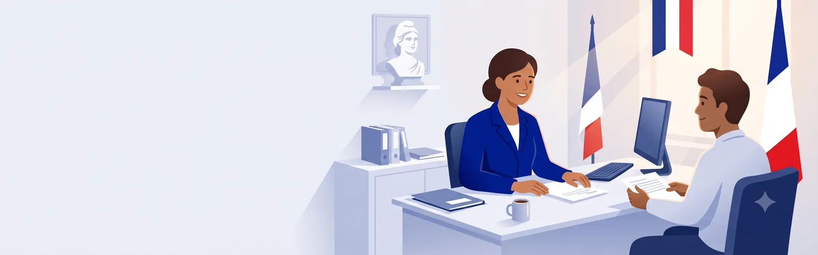 Entretien d'assimilation de naturalisation en préfecture : un agent d'instruction et un candidat face à face, avec les symboles de la République (Marianne, drapeau tricolore, devise Liberté Égalité Fraternité)