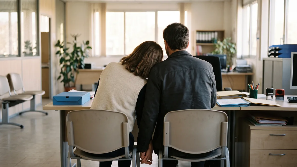 Couple de dos assis face au bureau d'un agent de préfecture