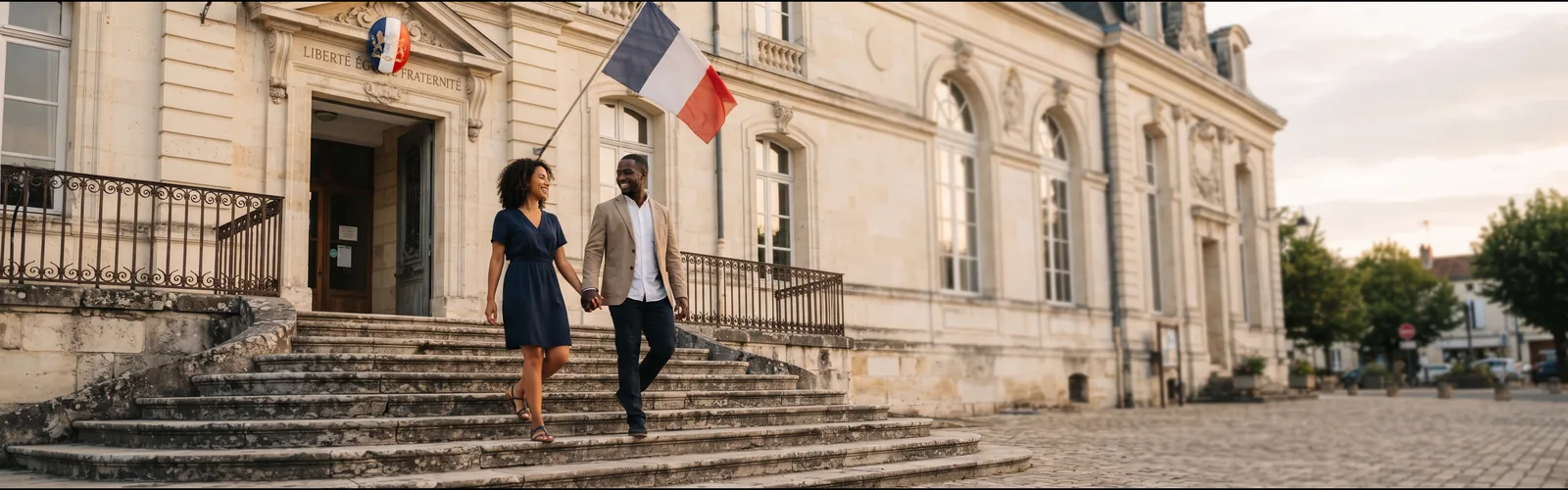 Un couple descend main dans la main les marches d'une mairie française, drapeau tricolore en arrière-plan