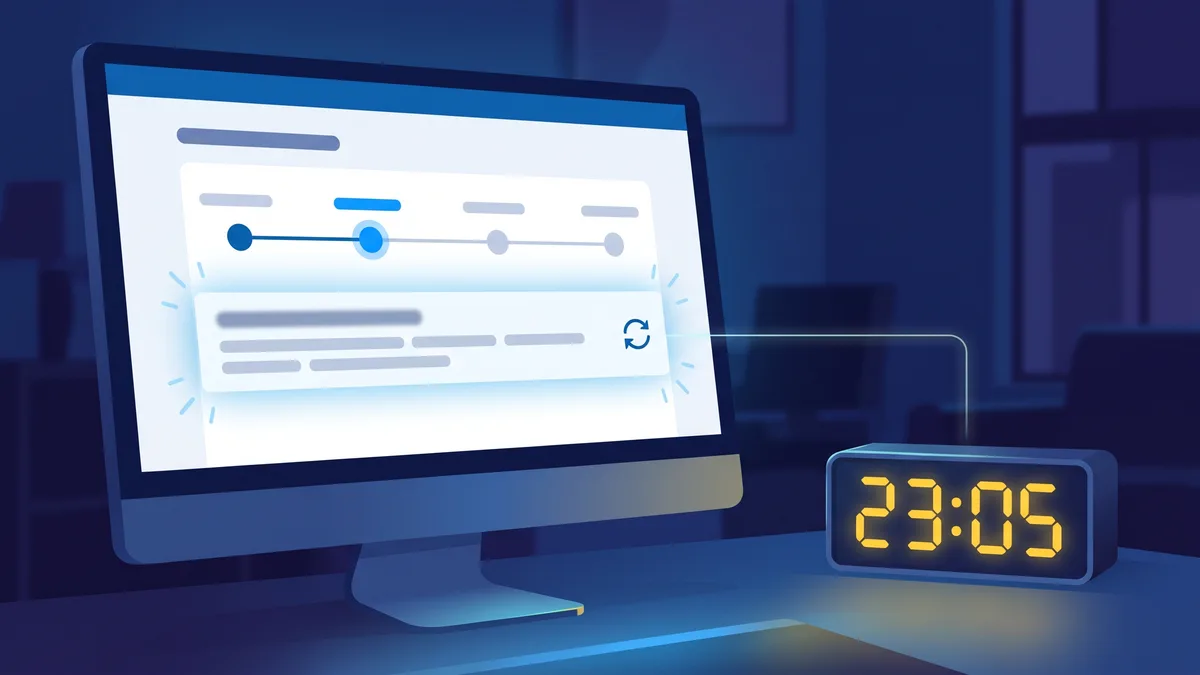 Écran de suivi ANEF avec une horloge indiquant 23:05, heure habituelle des mises à jour