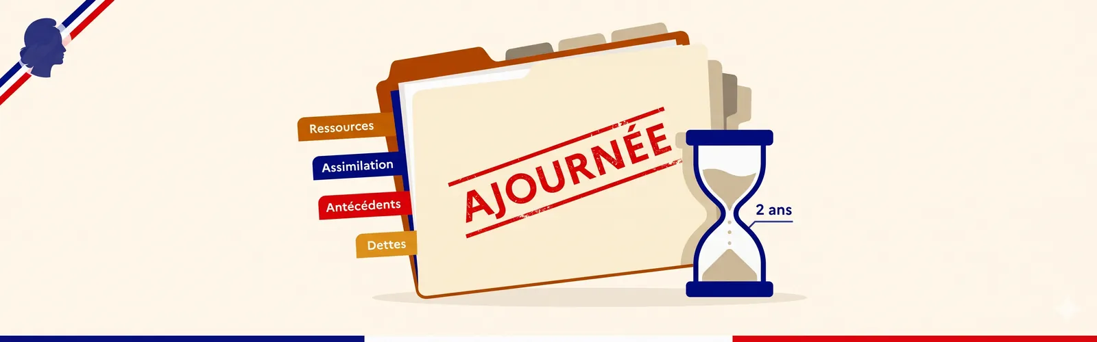 Dossier de naturalisation tamponné AJOURNÉE en rouge avec sablier 2 ans à côté, et 4 onglets colorés Ressources, Assimilation, Antécédents, Dettes : les 8 motifs principaux d'ajournement de naturalisation en 2026