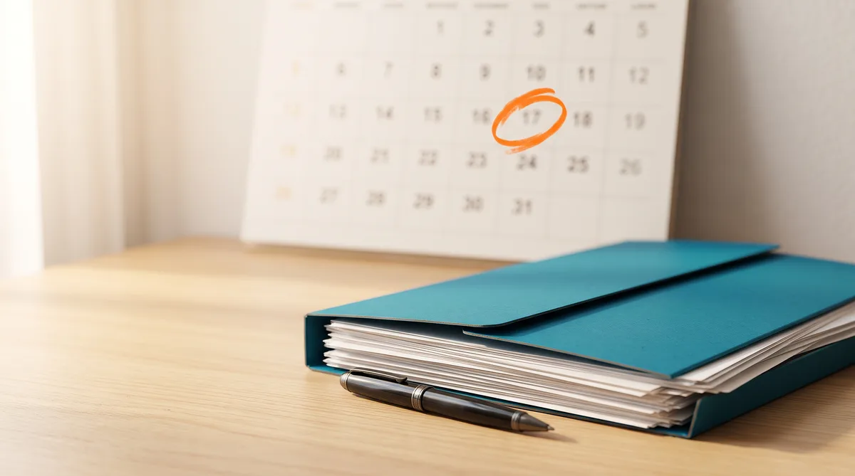 Un calendrier avec une date entourée en orange et un nouveau dossier de naturalisation prêt à être déposé