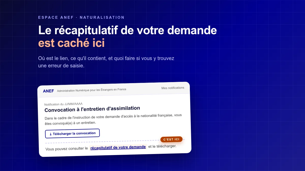 Détail d'une notification ANEF avec, en bas, le lien vers le récapitulatif de la demande de naturalisation, et une loupe sur une ligne du récapitulatif