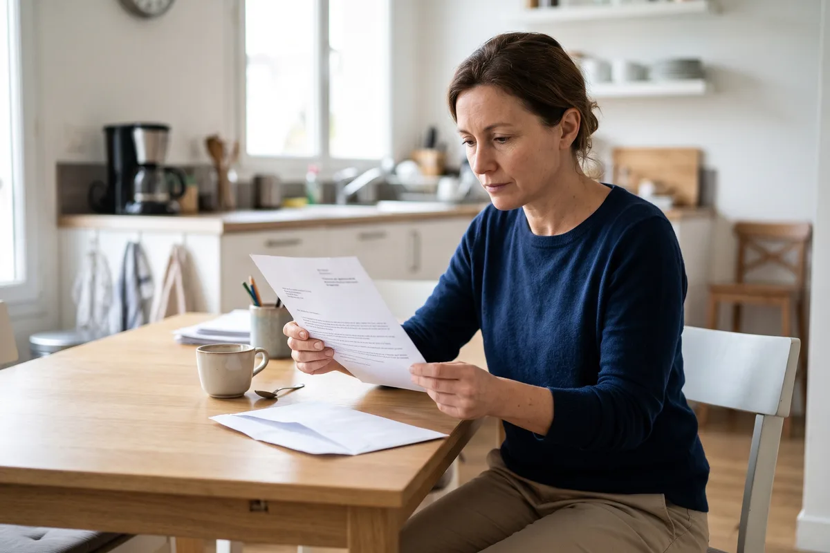 Une femme lit à sa table de cuisine la lettre de la préfecture reçue après son entretien de naturalisation
