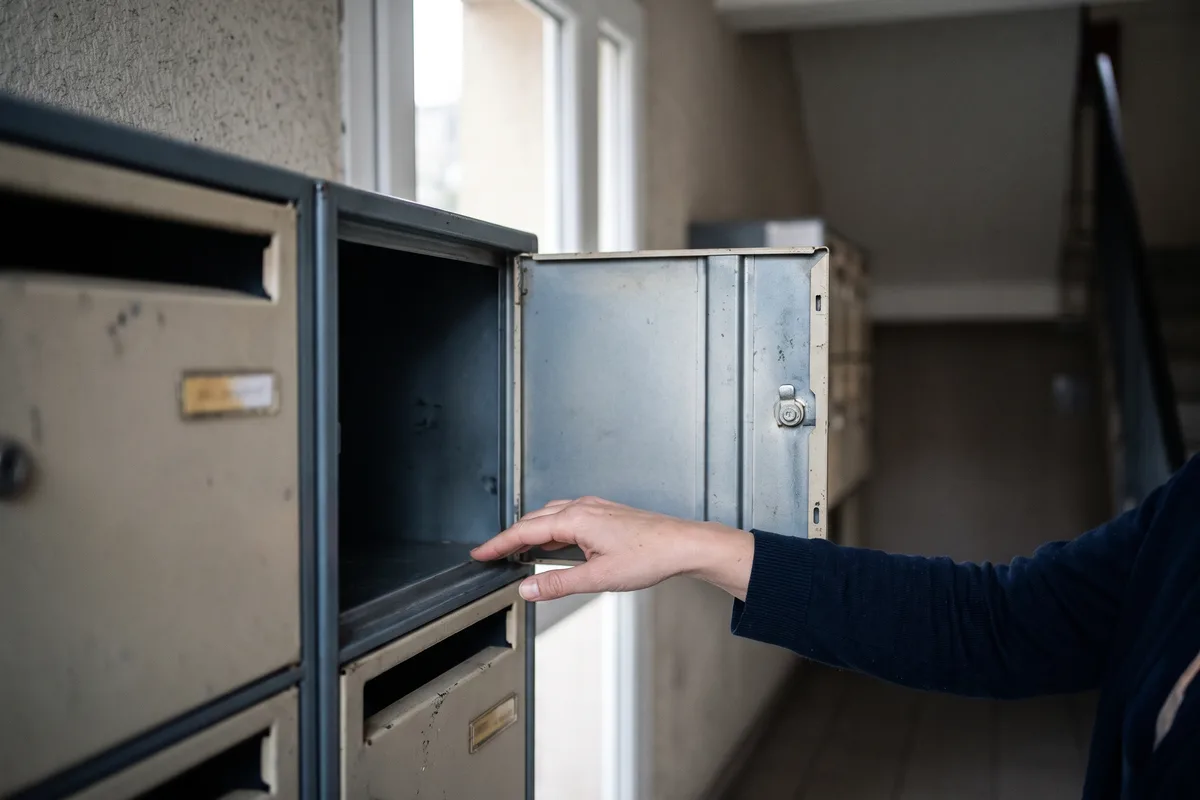 Une main ouvre une boîte aux lettres vide dans un hall d'immeuble : le silence du ministère après le RAPO