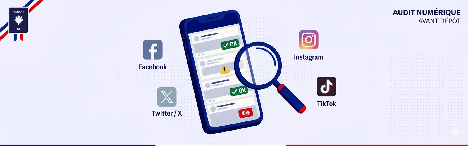 Audit numérique avant dépôt de naturalisation : smartphone affichant des publications Facebook, Twitter/X, Instagram, TikTok avec une loupe d'inspection et des badges verts (OK), jaunes (vigilance) et rouges (à rendre privé)