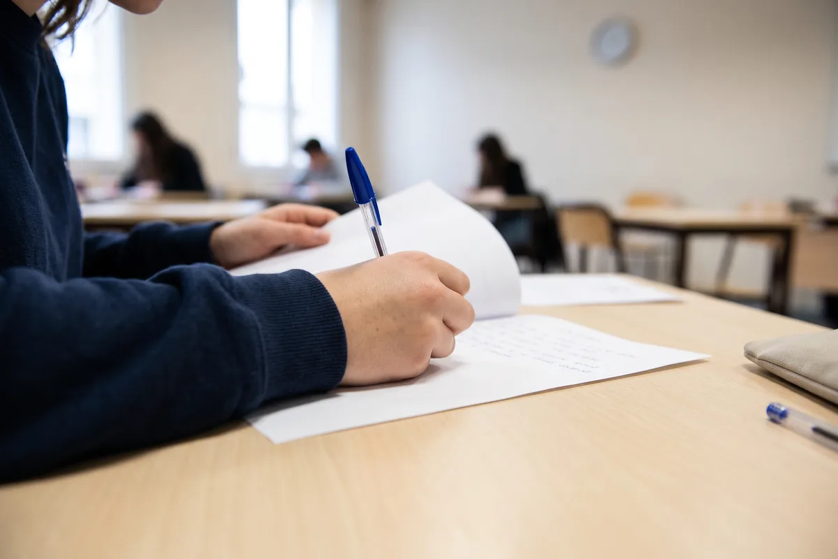 Une candidate écrit son texte au stylo dans une salle d'examen : l'épreuve d'expression écrite du TCF IRN