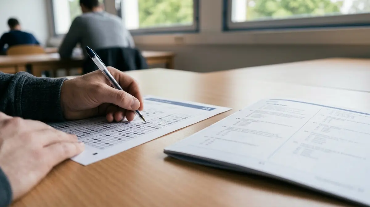 TCF sur papier : une main coche des cases au stylo sur une feuille de réponses, à côté du livret de questions