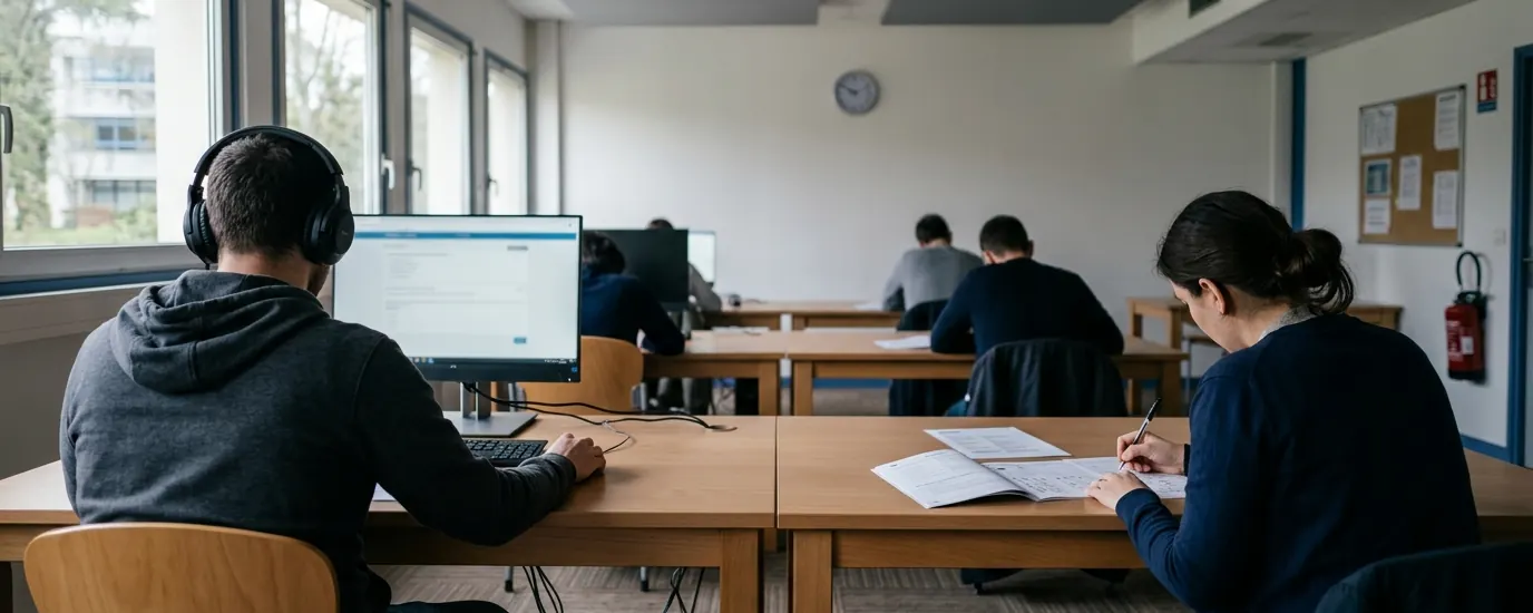 Salle d'examen du TCF IRN : à gauche un candidat passe le test sur ordinateur avec un casque, à droite une candidate écrit à la main sur une feuille de réponses