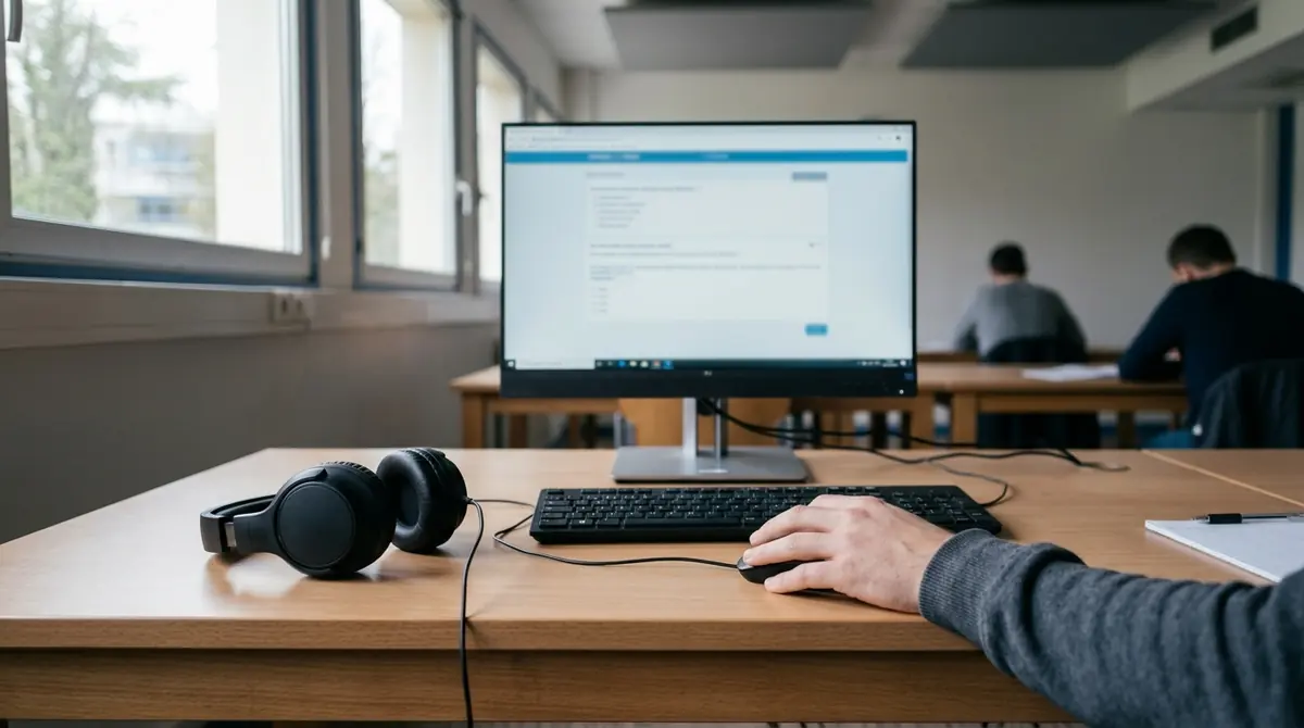 Poste d'examen du TCF sur ordinateur : un écran avec un questionnaire à choix multiples, un casque audio posé à côté du clavier